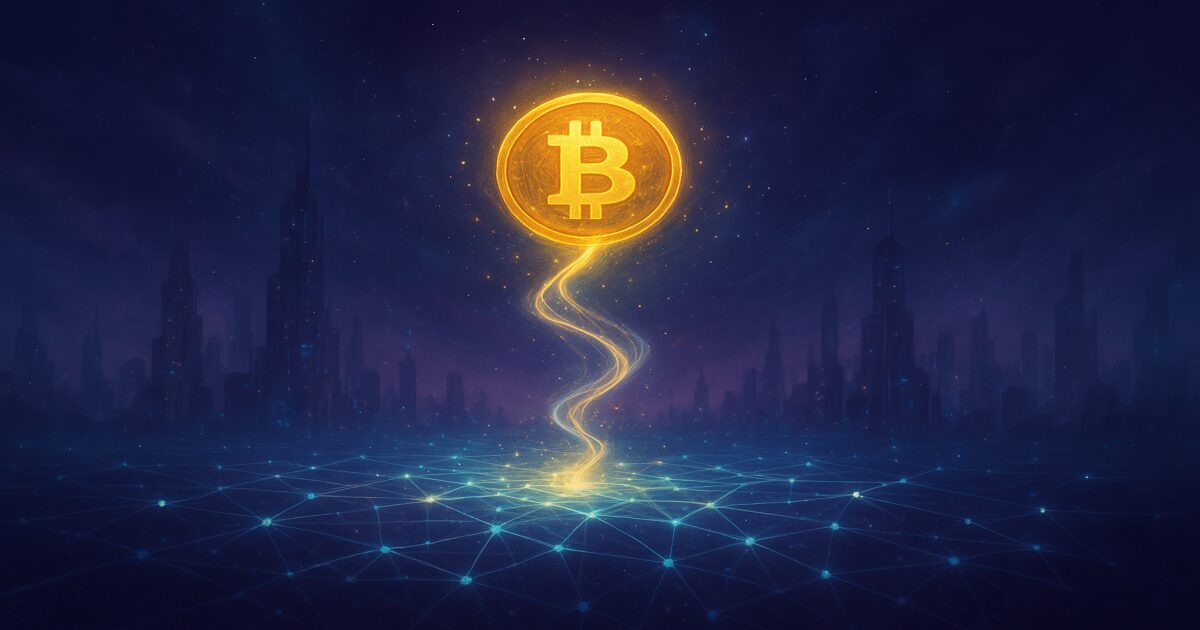暗号資産のマイニングを象徴する光の流れと、幻想的な都市の中で輝くブロックチェーンのイメージ
