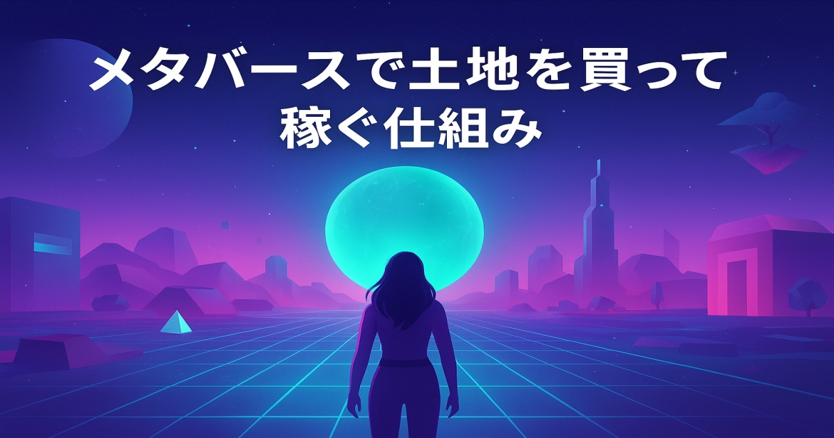 未来的な都市が広がるメタバース空間に、デジタルの土地が並び、投資や収益化を連想させる幻想的なイメージ