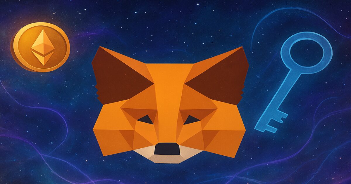 暗号資産ウォレットMetaMaskを幻想的に表現したイラスト。デジタルの鍵と宇宙的な背景が組み合わさったイメージ。