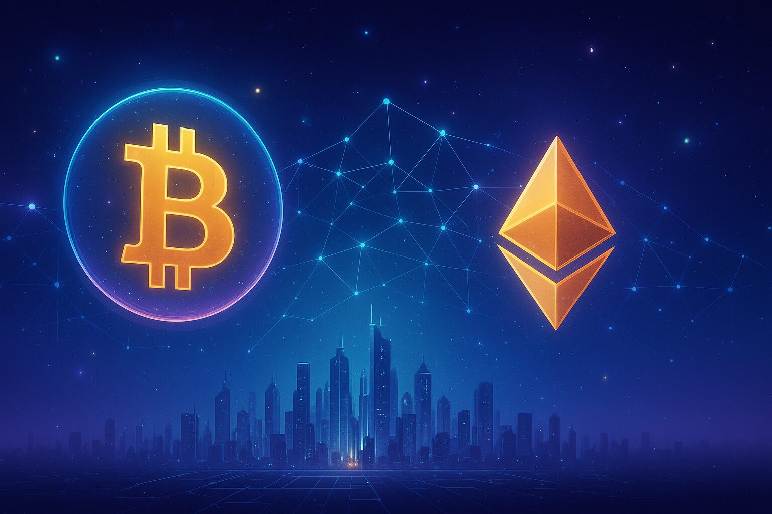 未来的な都市とブロックチェーンのネットワークの中に、暗号資産のコインが浮かび上がる幻想的なイメージ